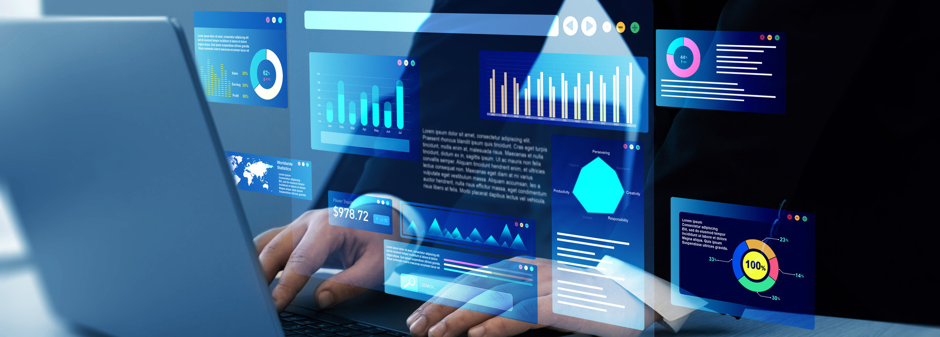 Hands typing on a laptop keyboard, surrounded by floating digital screens displaying colorful charts, graphs, and data visualizations, suggesting analytics.